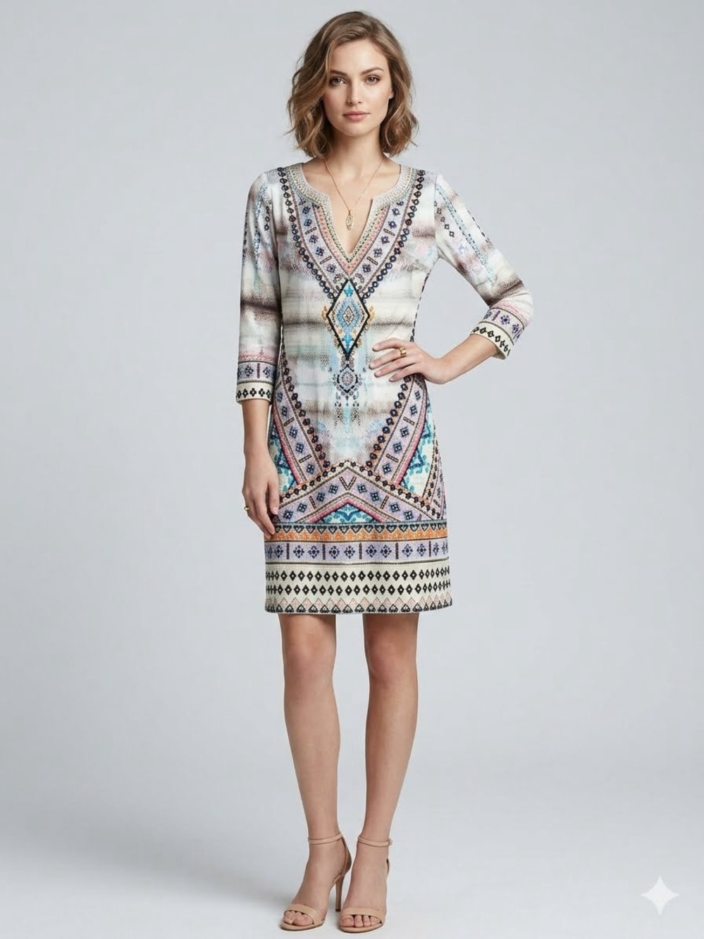 Hale Bob Multicolor Abstract Cold-Shoulder Mini Dress with Blue Accents